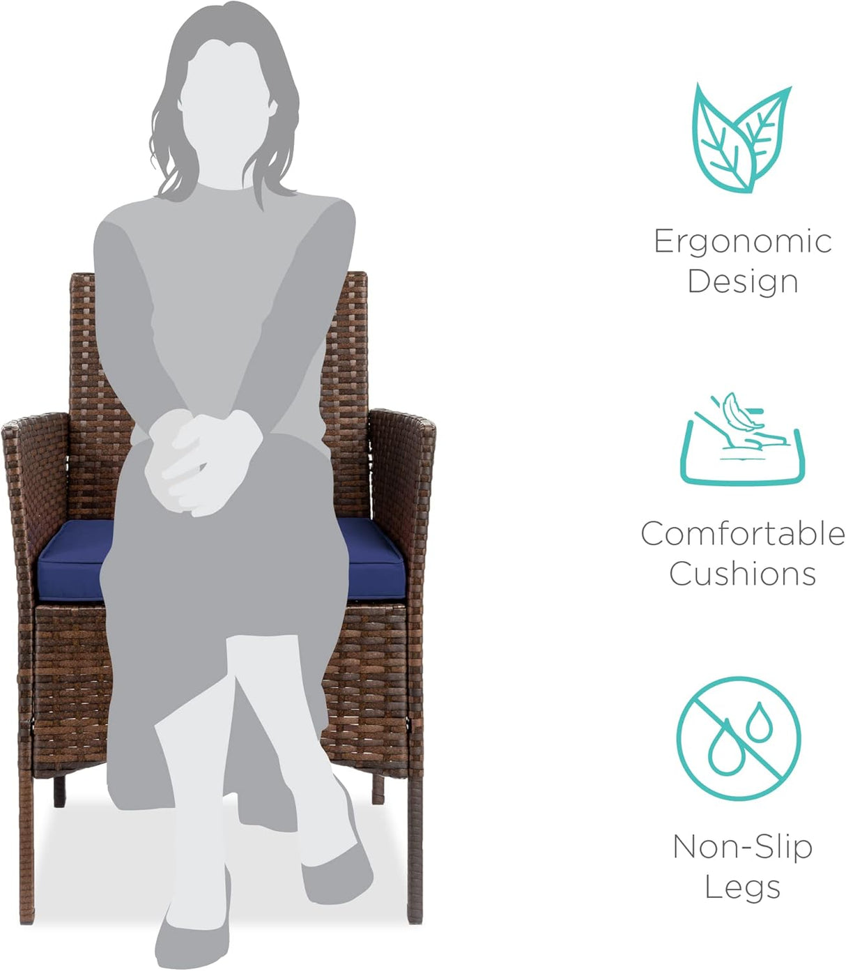 Best Choice Products Juego de 3 piezas de mimbre para exteriores, muebles de patio que ahorran espacio para patio, jardín con 2 sillas, 2 cojines, mesa de almacenamiento lateral, color marrón/azul marino