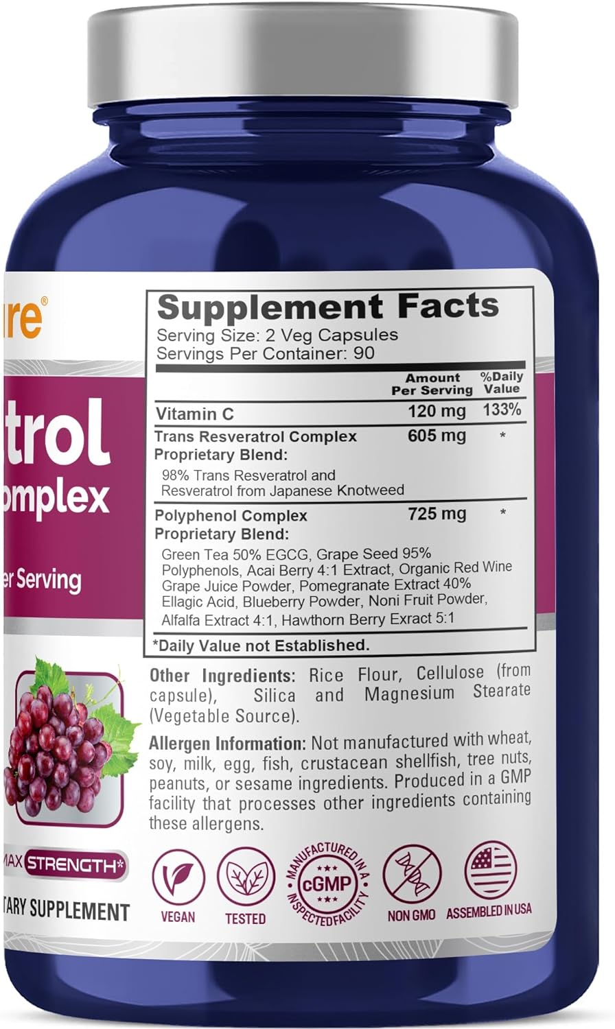 Complejo de Resveratrol y Polifenoles 1450 mg, Vitamina C 180 Cápsulas