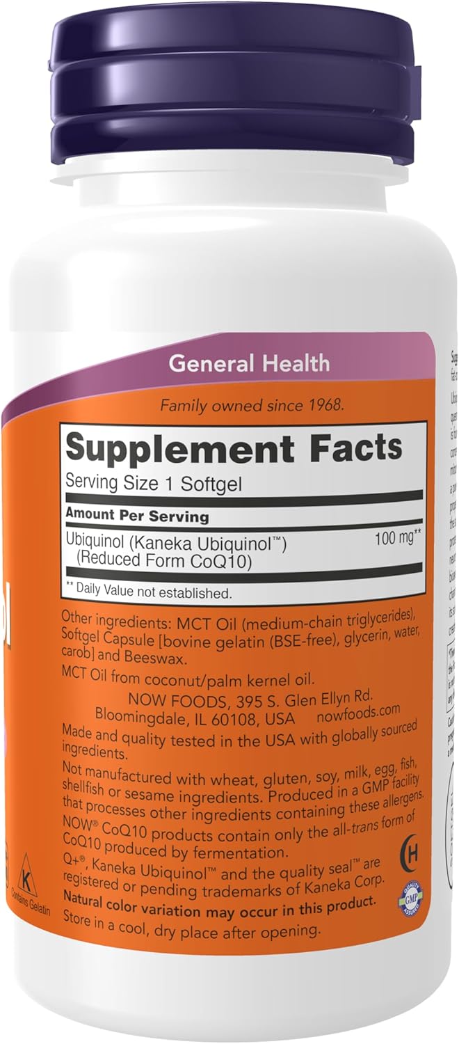 Suplemento Ubiquinol 100 mg NOW Foods, 60 Softgels Bioaval.