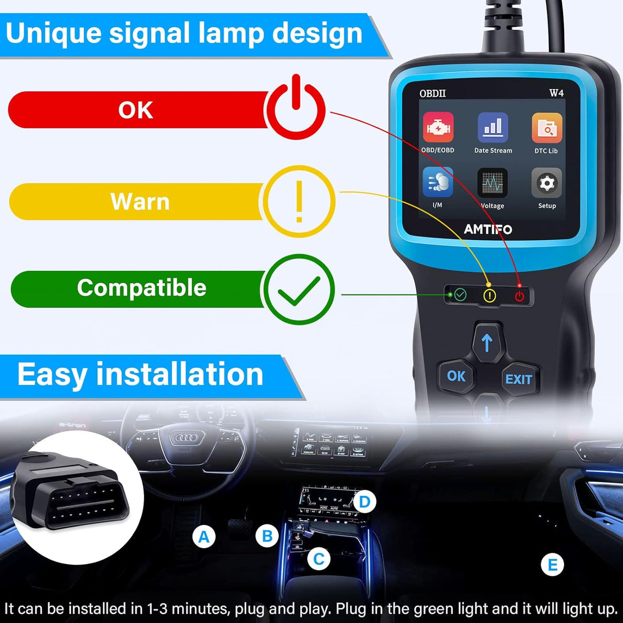 Escáner OBD2 con datos en vivo, Negro W4 AMTIFO