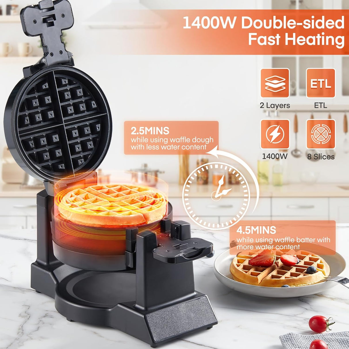 Máquina de Waffles 1400W, Doble, Antiadherente, Modelo 8S