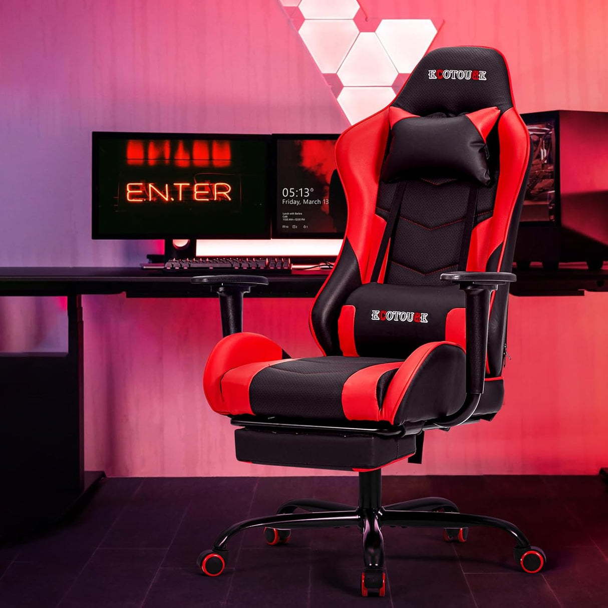 Silla Gamer con reposapiés y es reclinable roja ECOTOUGE