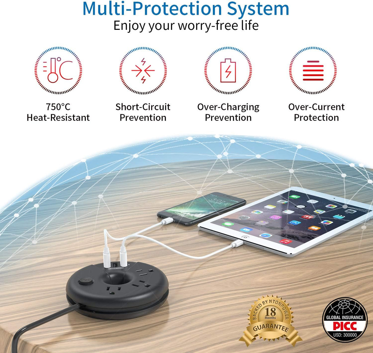 NTONPOWER - Regleta de alimentación de viaje, negro