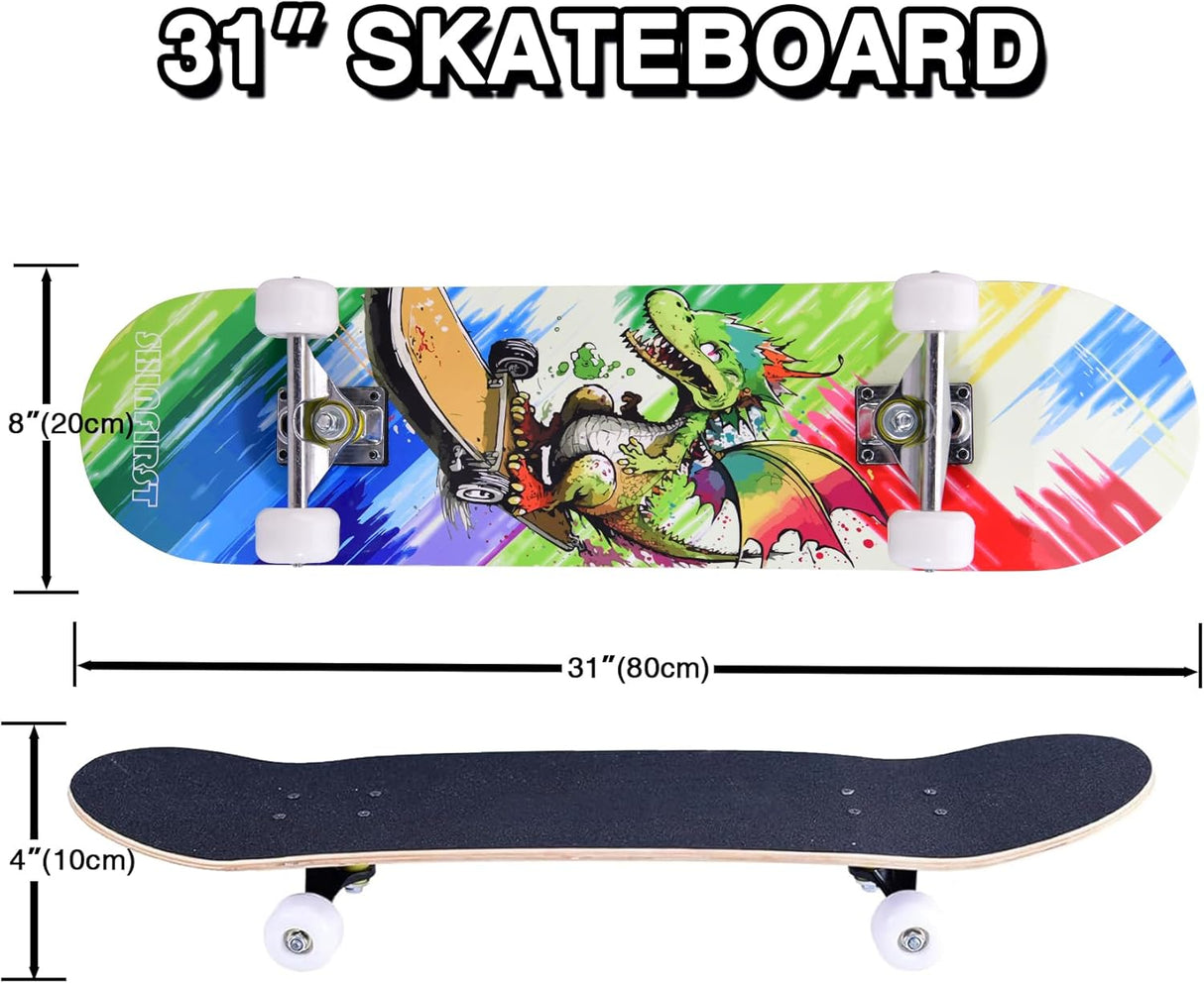 Skateboard Completo de 31 Pulgadas con Doble Kick y Diseño