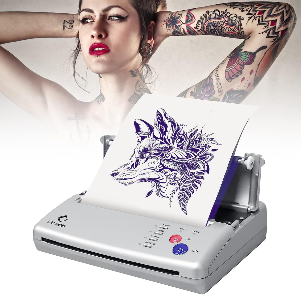 LifeBasis Máquina de plantillas de transferencia de tatuajes, impresora térmica profesional de plantillas de tatuajes con papel de transferencia de tatuajes, 20 hojas, kit de impresora de tatuajes