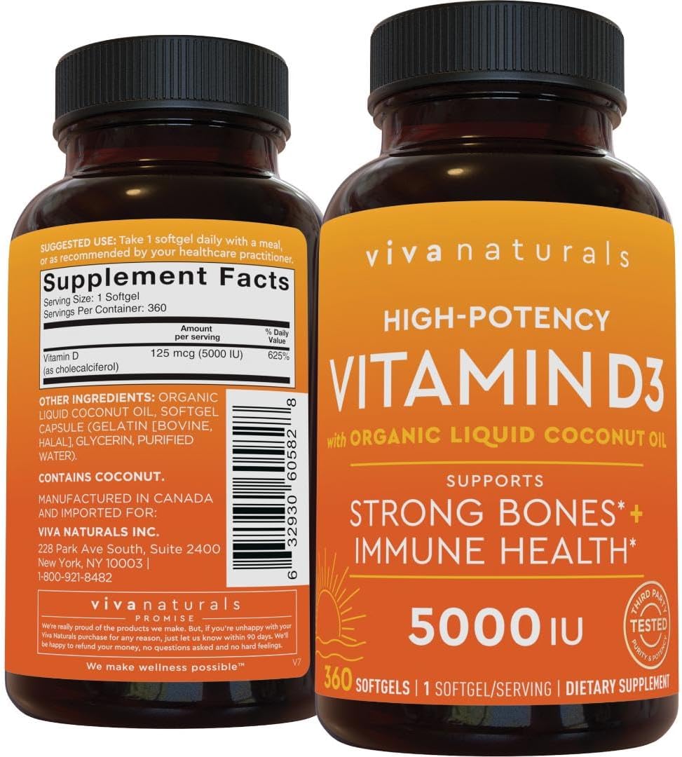 Suplemento de Vitamina D3 5000 IU - Viva Naturals, 360 Softgels