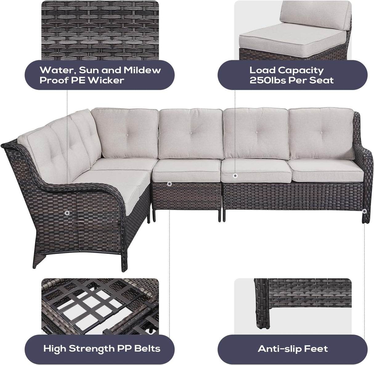 Belord Sofá seccional de muebles de exterior, sofá en forma de L, juego de mimbre para patio con 2 sillas deslizantes giratorias, juegos de conversación de ratán de 7 piezas con cojín beige para terraza, patio trasero, terraza y solárium