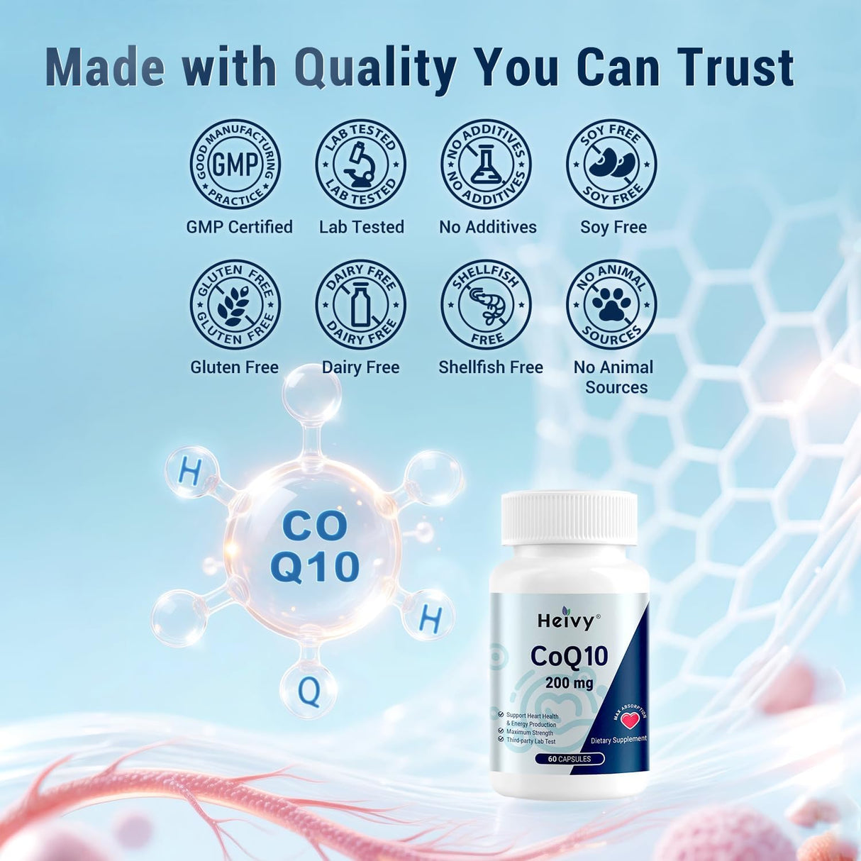 CoQ10 200mg Suplemento para Corazón, 60 Cápsulas Veganas