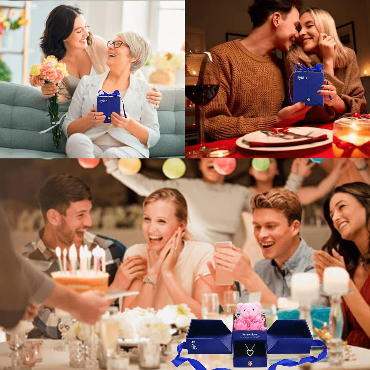 caja de regalo de oso con collares de corazón