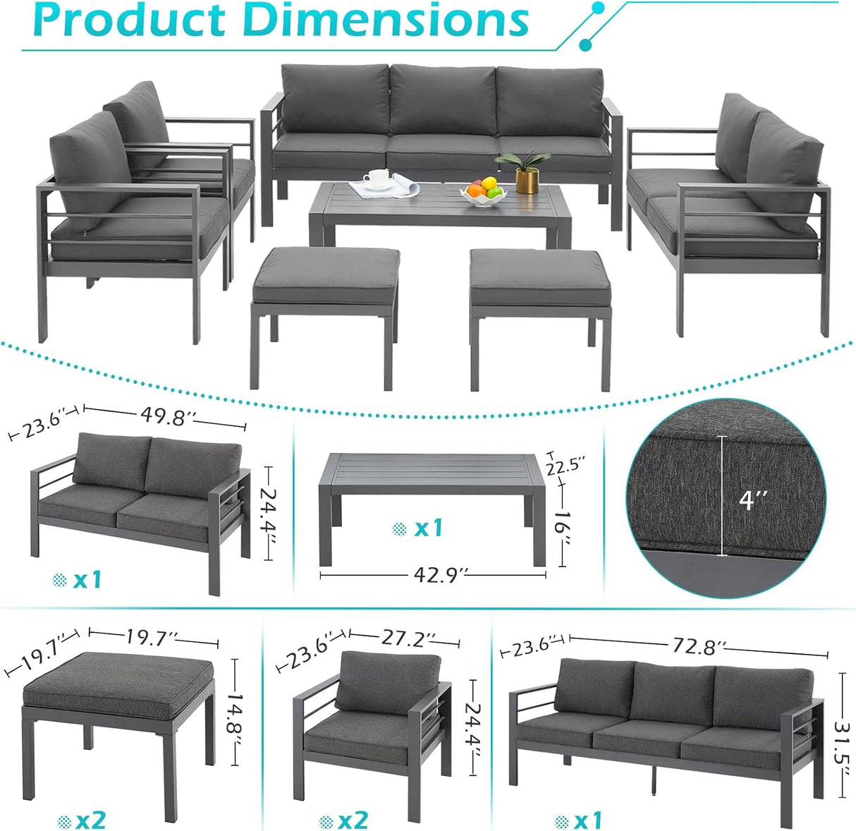 AECOJOY Muebles de patio modernos de aluminio con mesa auxiliar, juego de 7 piezas para conversación al aire libre con cojines gris oscuro para balcón, porche, césped y más