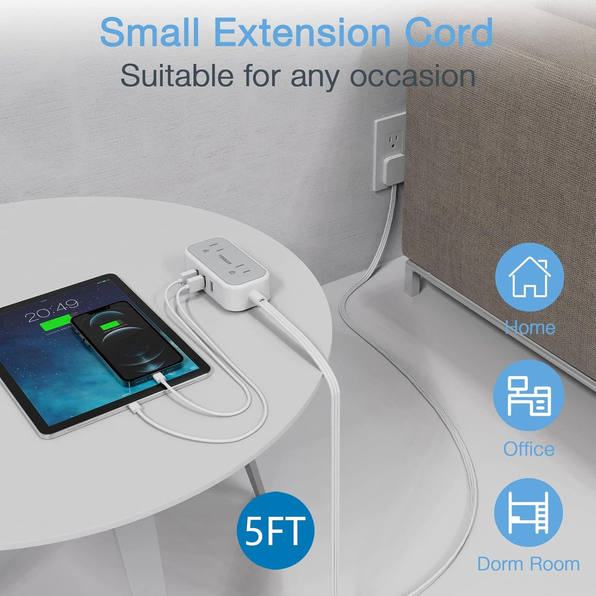 TESSAN - Cable de extensión de enchufe plano con 3 puertos USB, regleta de alimentación ultrafina con 2 salidas de CA esenciales para cruceros, corrector de salida pequeño de 5 pies de bajo perfil