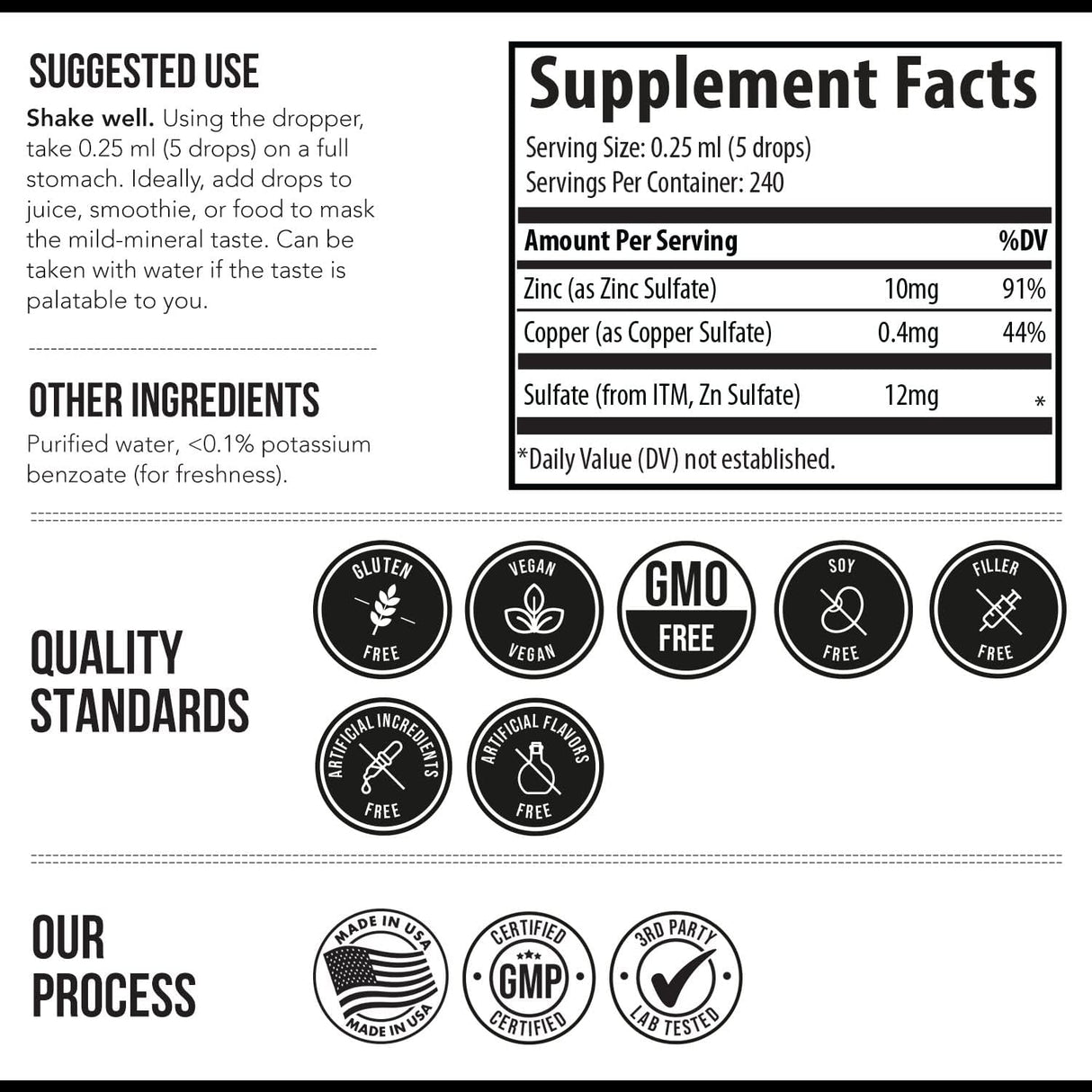 Suplementos líquido de cobre iónico Zinc Plus 240 porciones