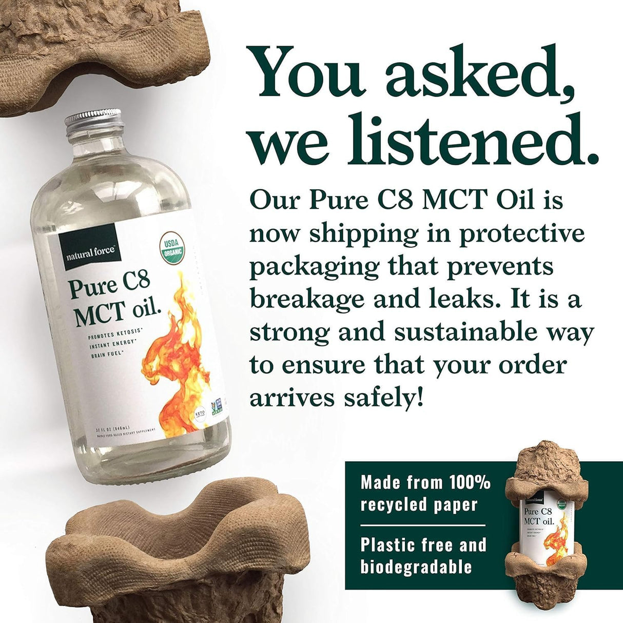 Aceite MCT Orgánico C8 - Natural Force - 32 Onzas, Keto, Vegano