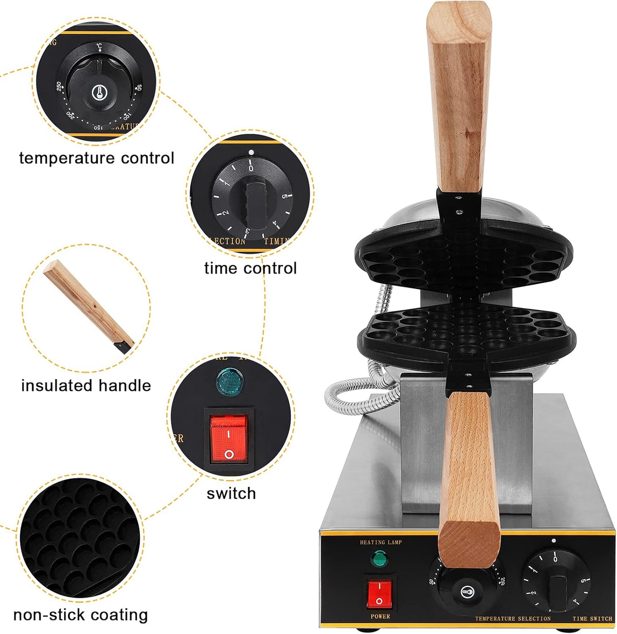 Máquina de Waffles Bubble, Acero Inoxidable 304, 1400W 110V