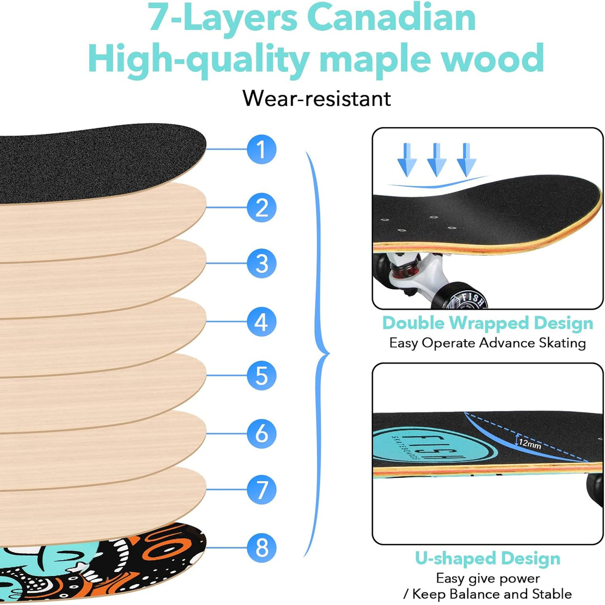 Skateboard Completo 31"x8", Madera de Arce, Doble Kick