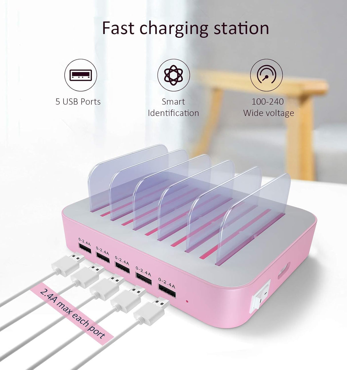 Cargador o Base de estación de carga USB de 5 puertos rosado