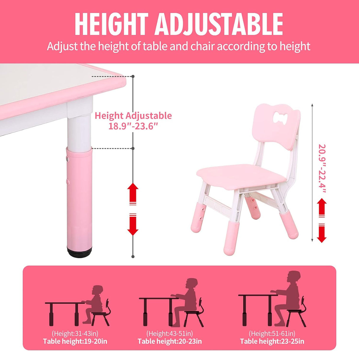 Juego de mesa de plástico ajustable en altura con 4 asientos