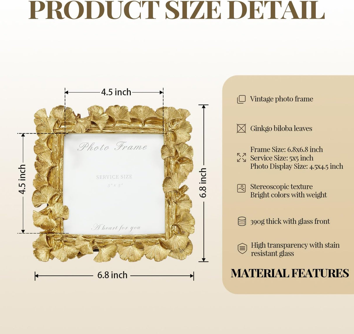 Marco de fotos vintage 5x5, resina texturizada con vidrio