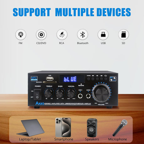 Amplificador Estéreo Bluetooth 5.0, 300W, 2.0 Canal, AK45