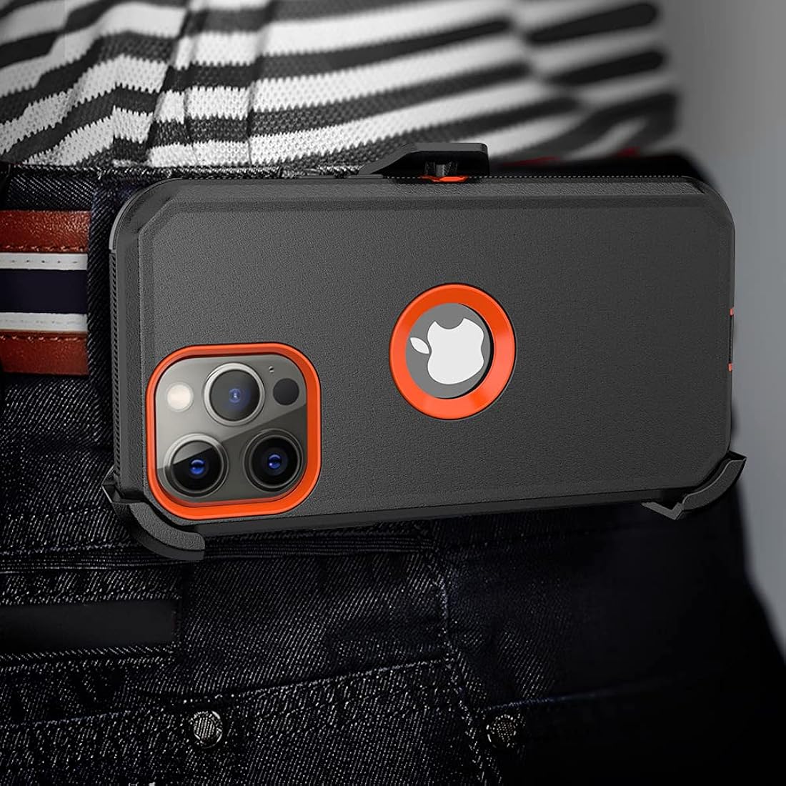 TASHHAR Funda para teléfono iPhone 13 Pro Max, resistente a prueba de golpes, funda protectora con clip para cinturón para Apple iPhone 13 Pro Max 5G 2021 (negro y naranja)