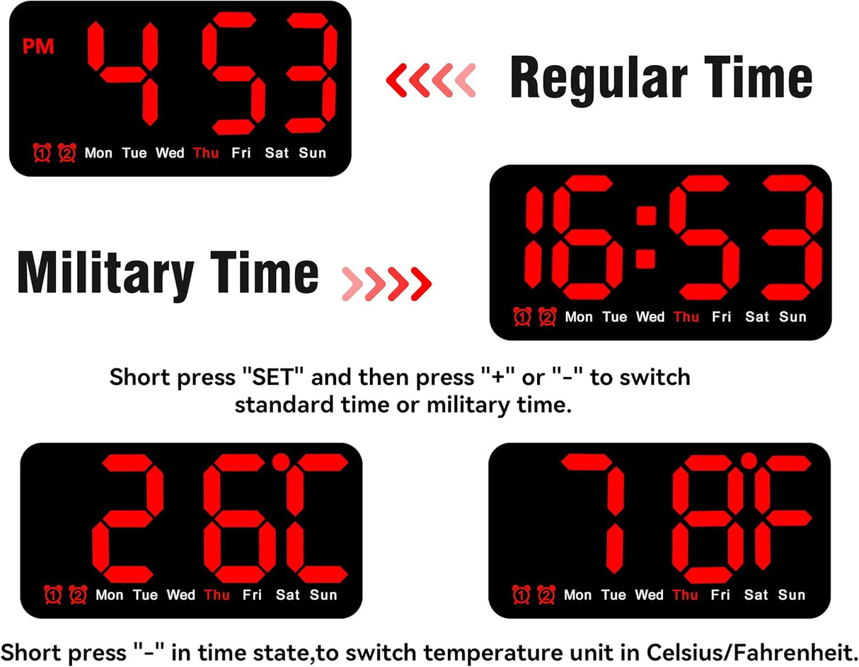 Reloj Digital Grande con Alarma, Doble Alarma y Brillo Ajustable