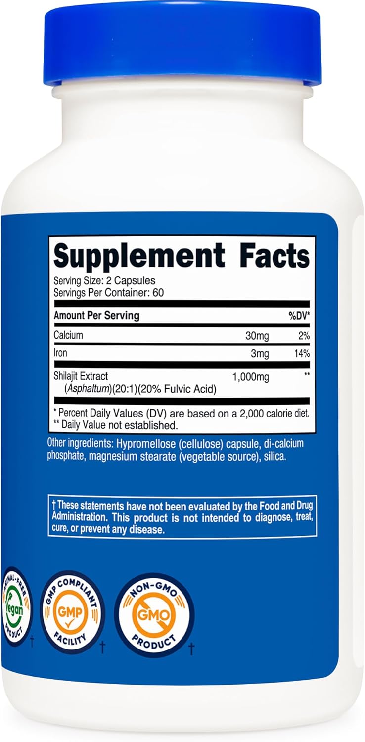 Cápsulas de Shilajit Nutricost 1000mg, 120 cápsulas