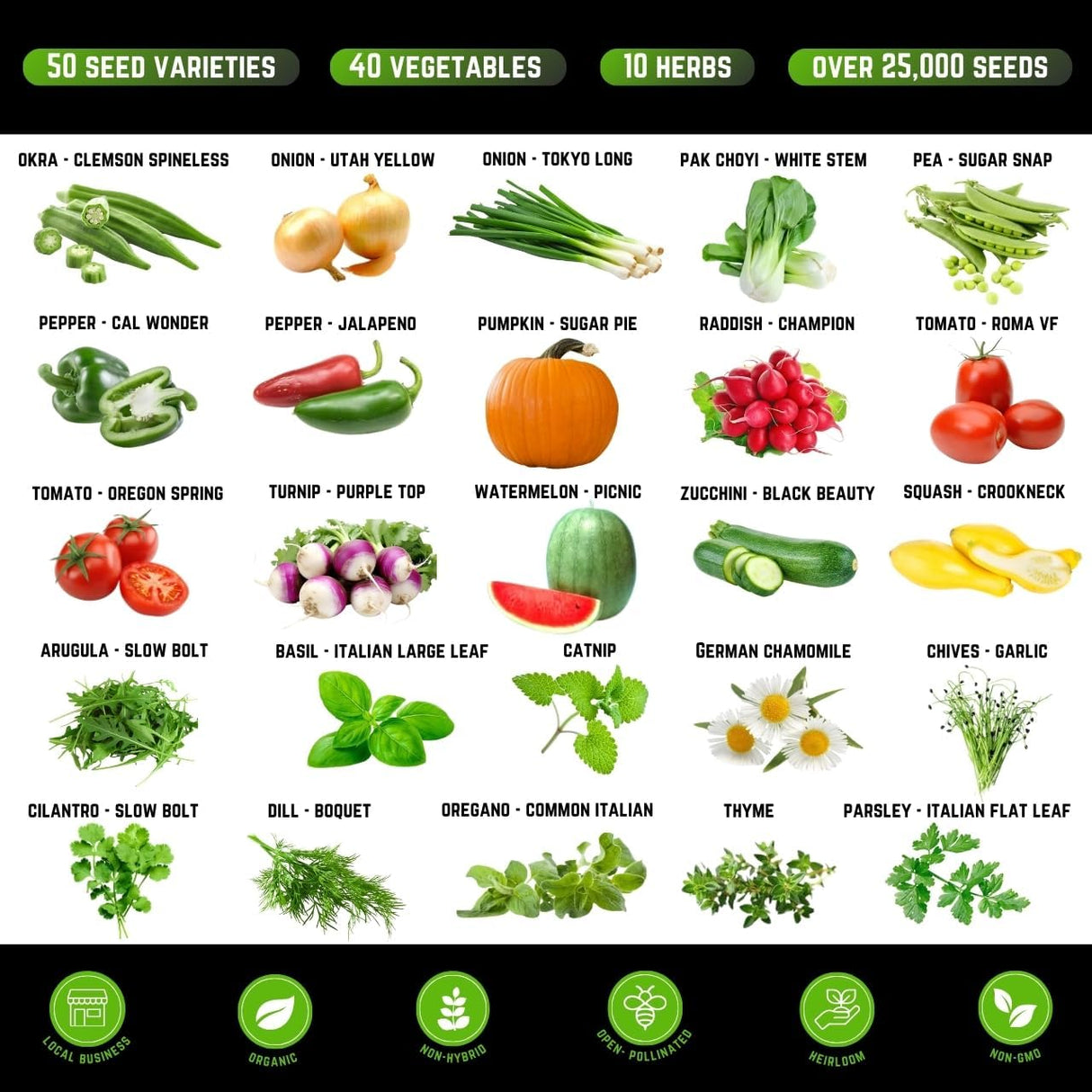 Paquete de Semillas de Vegetales y Hierbas - No GMO - 50 Variedades