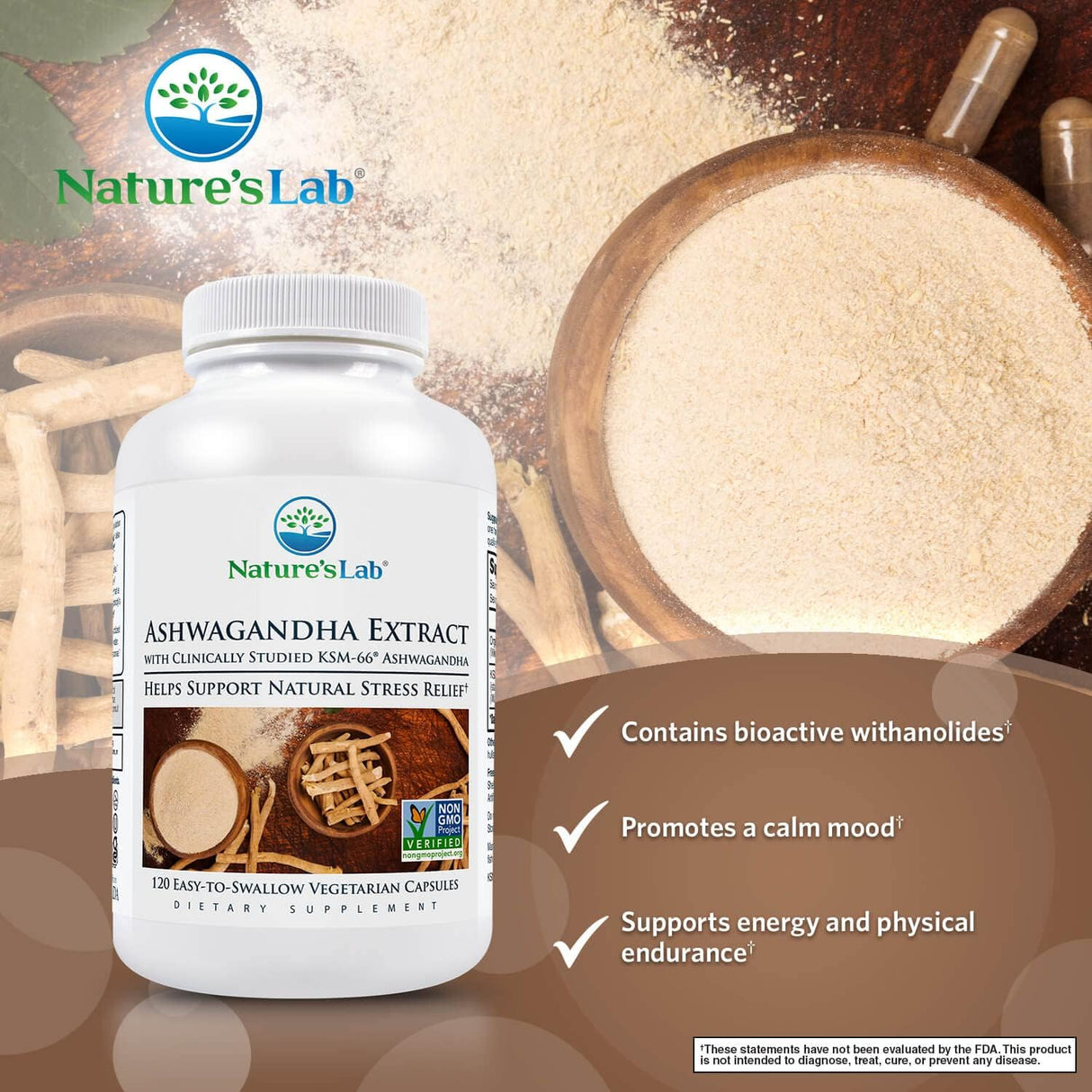 Extracto de Ashwagandha KSM 66 - Nature's Lab, 120 cápsulas