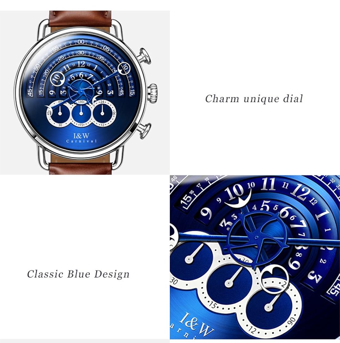 Relojes de cuero negro de zafiro con cronógrafo Big Dial