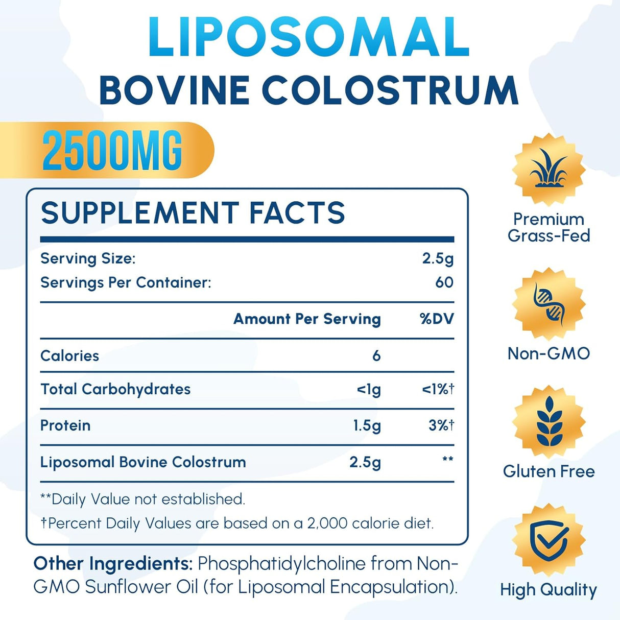 Suplemento de Colostro Bovino Liposomal 2500 mg - 60 Servings