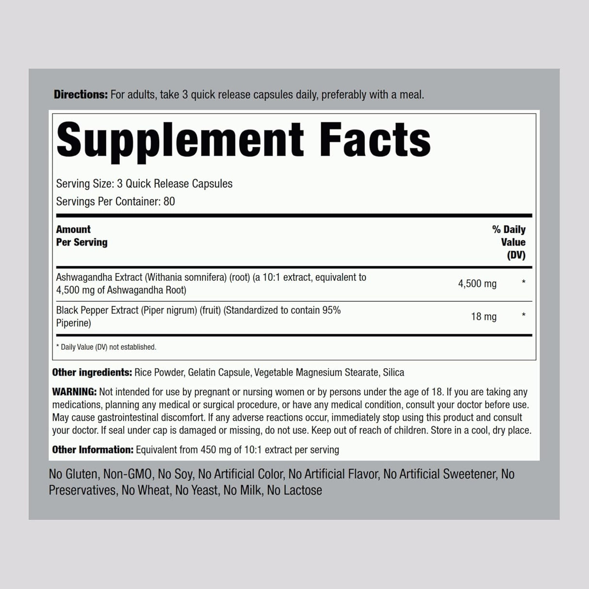 Suplemento de Ashwagandha 4500 mg Piping Rock 240 Cápsulas