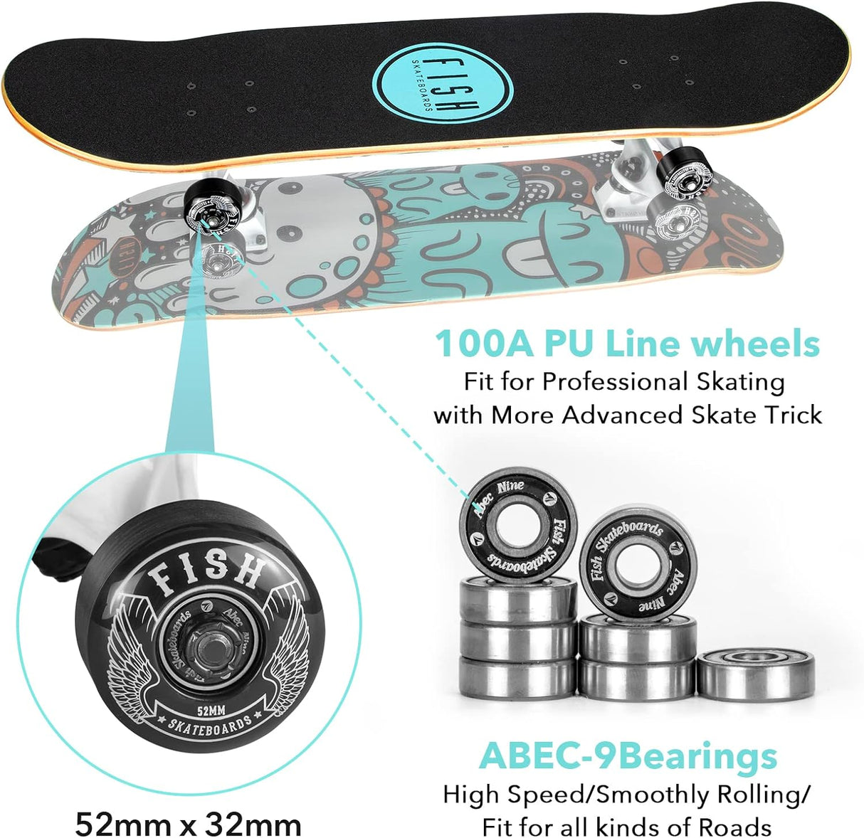 Skateboard Completo 31"x8", Madera de Arce, Doble Kick