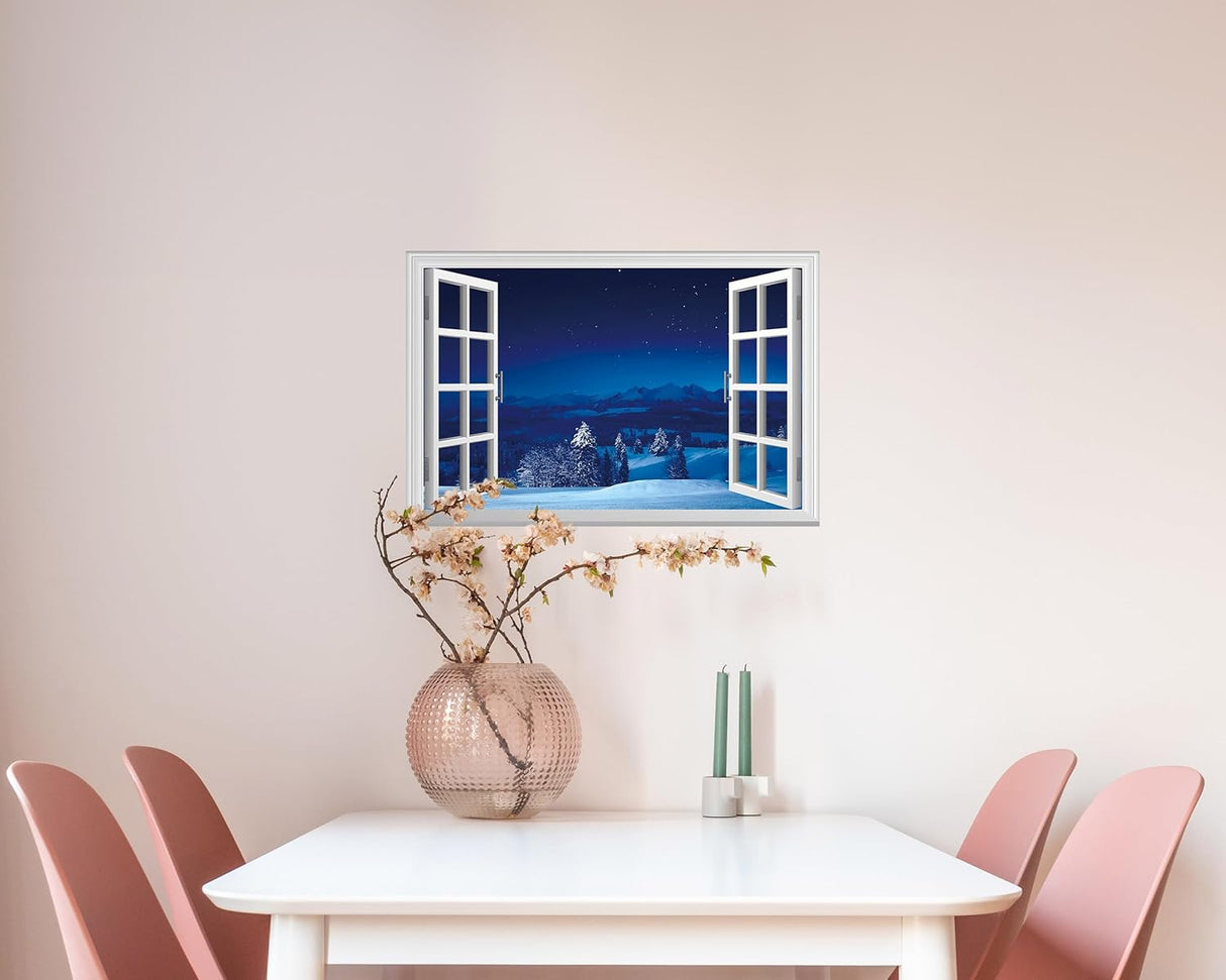 Adhesivo de pared falso para ventana, escena nevada de noche