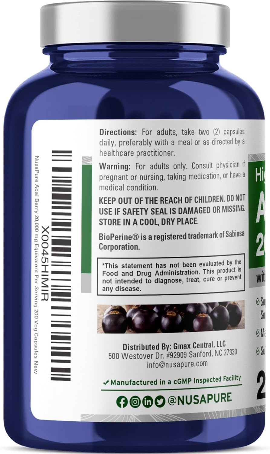 Cápsulas de Acai Berry 20000mg NusaPure | 200 Veggie Caps