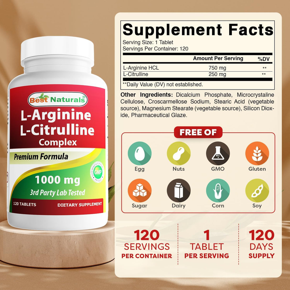 Complejo Arginina Citrulina 1000 Mg 120 Tabletas Best Naturals