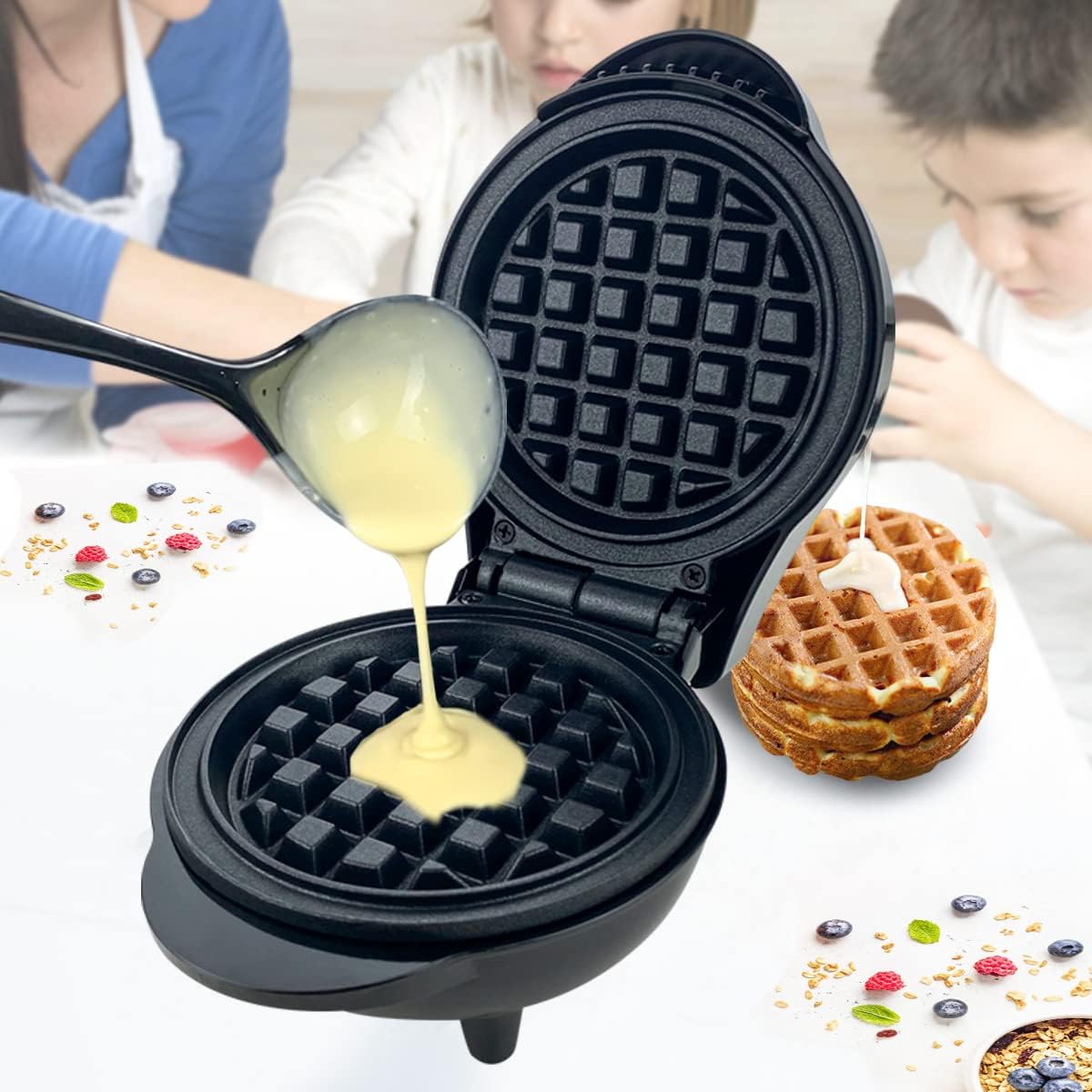 Mini Waffle Maker Eléctrico 600W, Antiadherente, Para Niños