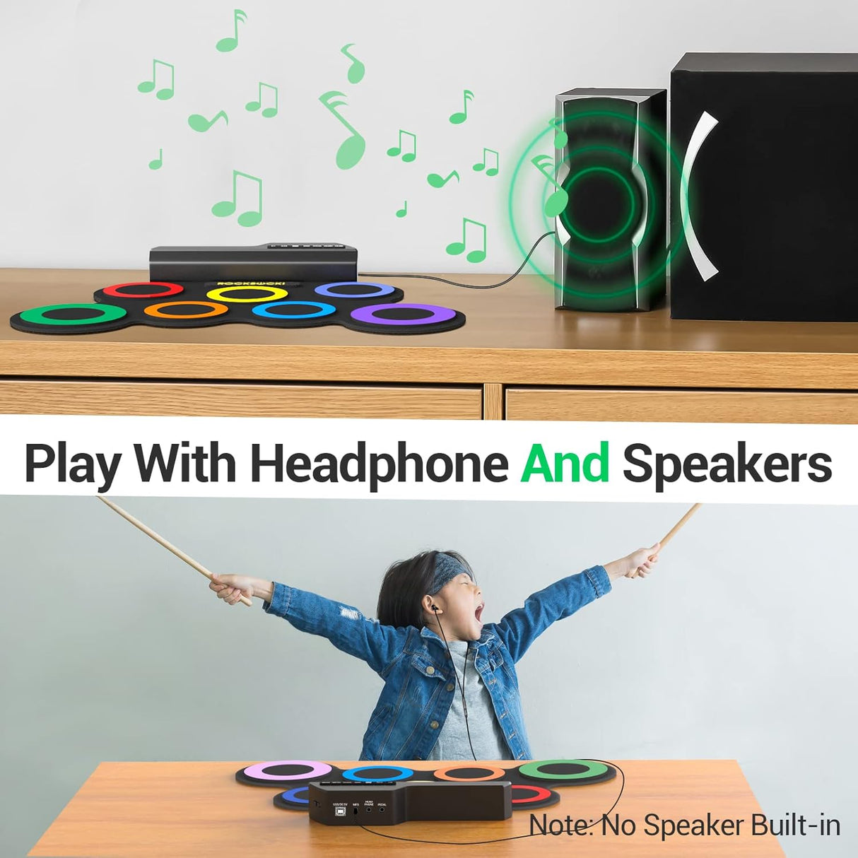 Batería Electrónica Infantil con 7 Pads y Auriculares, Pads Prácticos, Regalo Ideal para Niños en Navidad y Cumpleaños