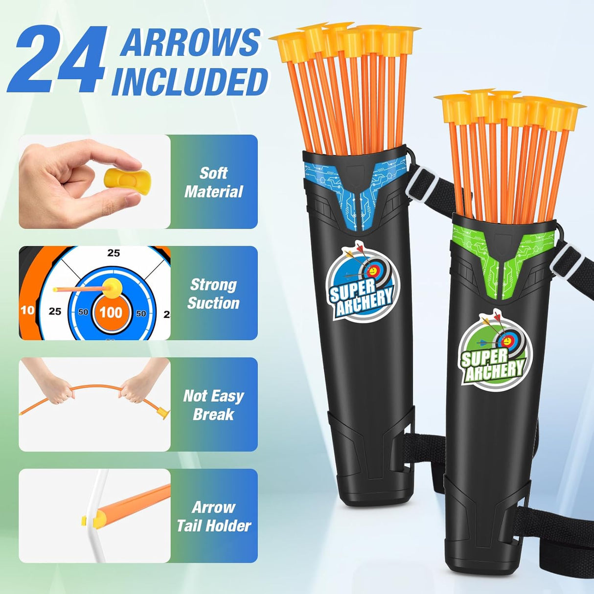 Juego de Arcos y Flechas LED para Niños, 24 Flechas, 2 Carcaj