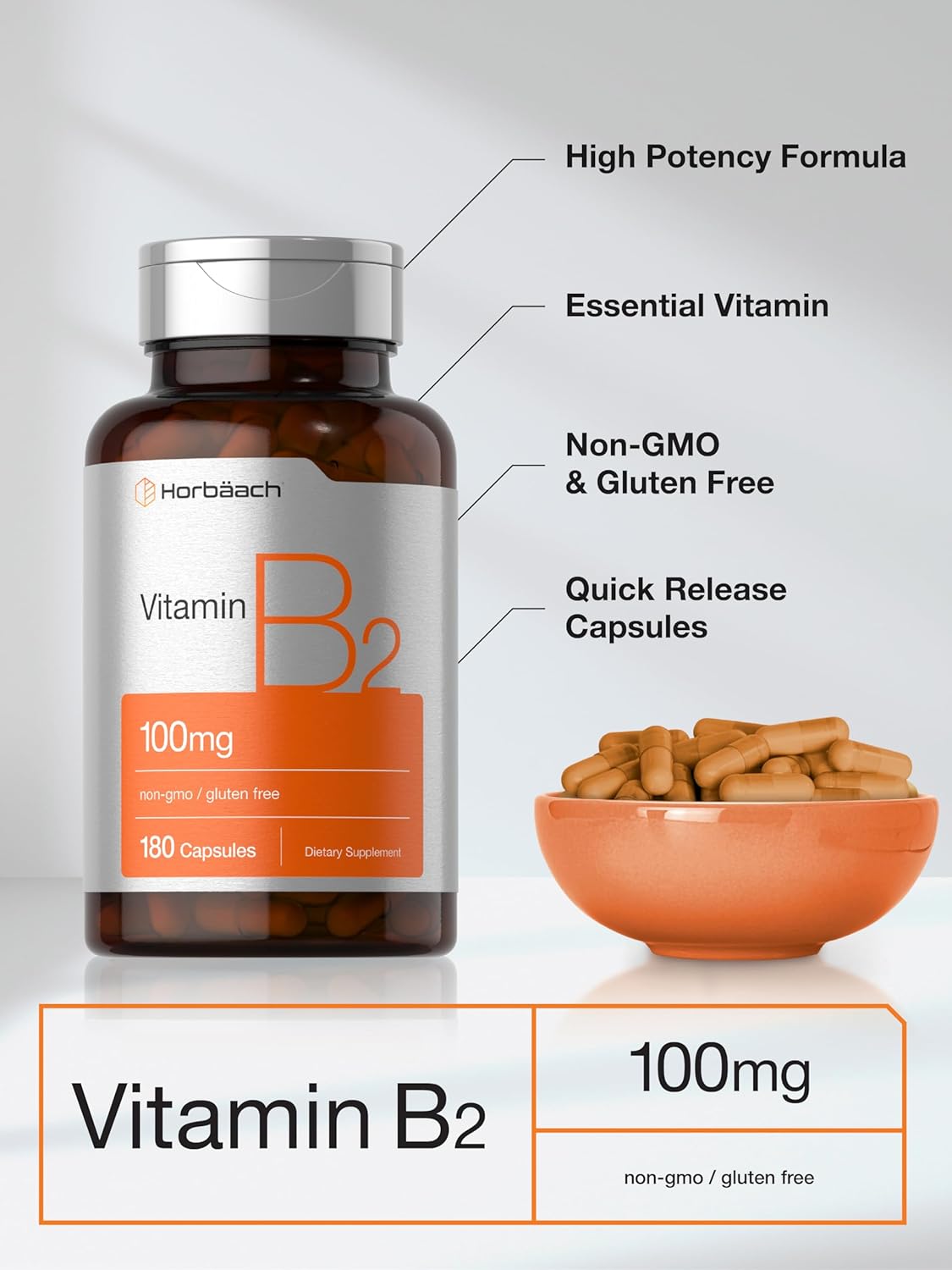 Suplemento de Vitamina B2 100mg | Horbäach | 180 Cápsulas