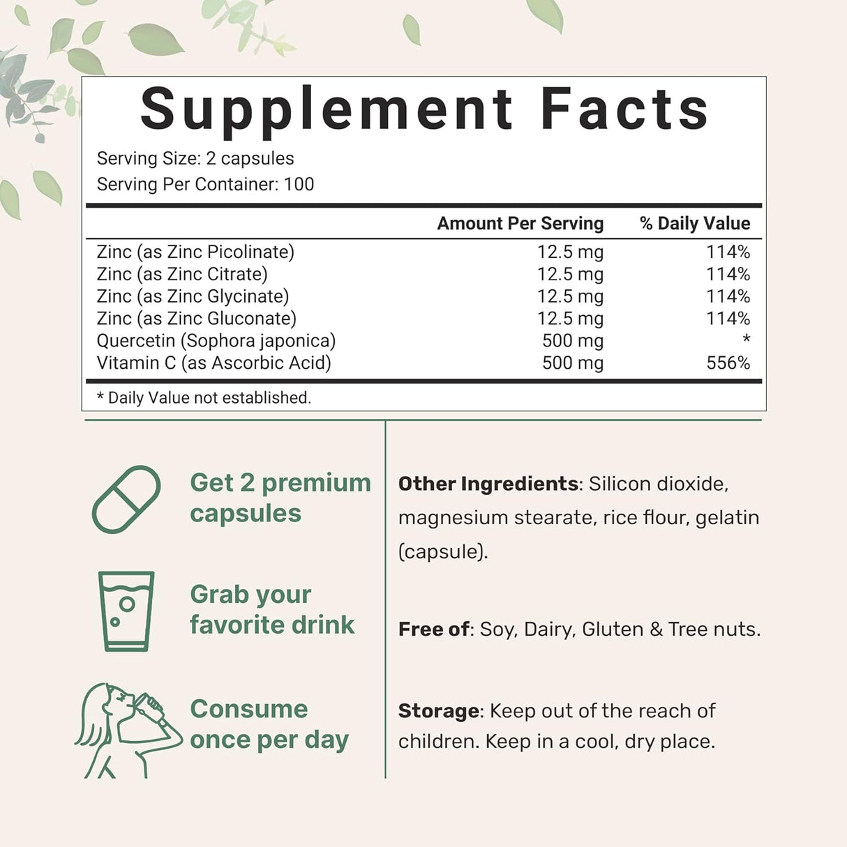 Suplementos con zinc y vitamina C 200 cápsulas inmunológico