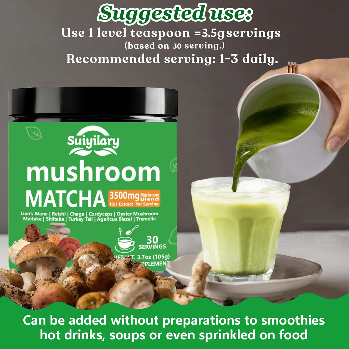 Polvo de Matcha con Hongos, 3500mg, 30 Porciones, 10:1