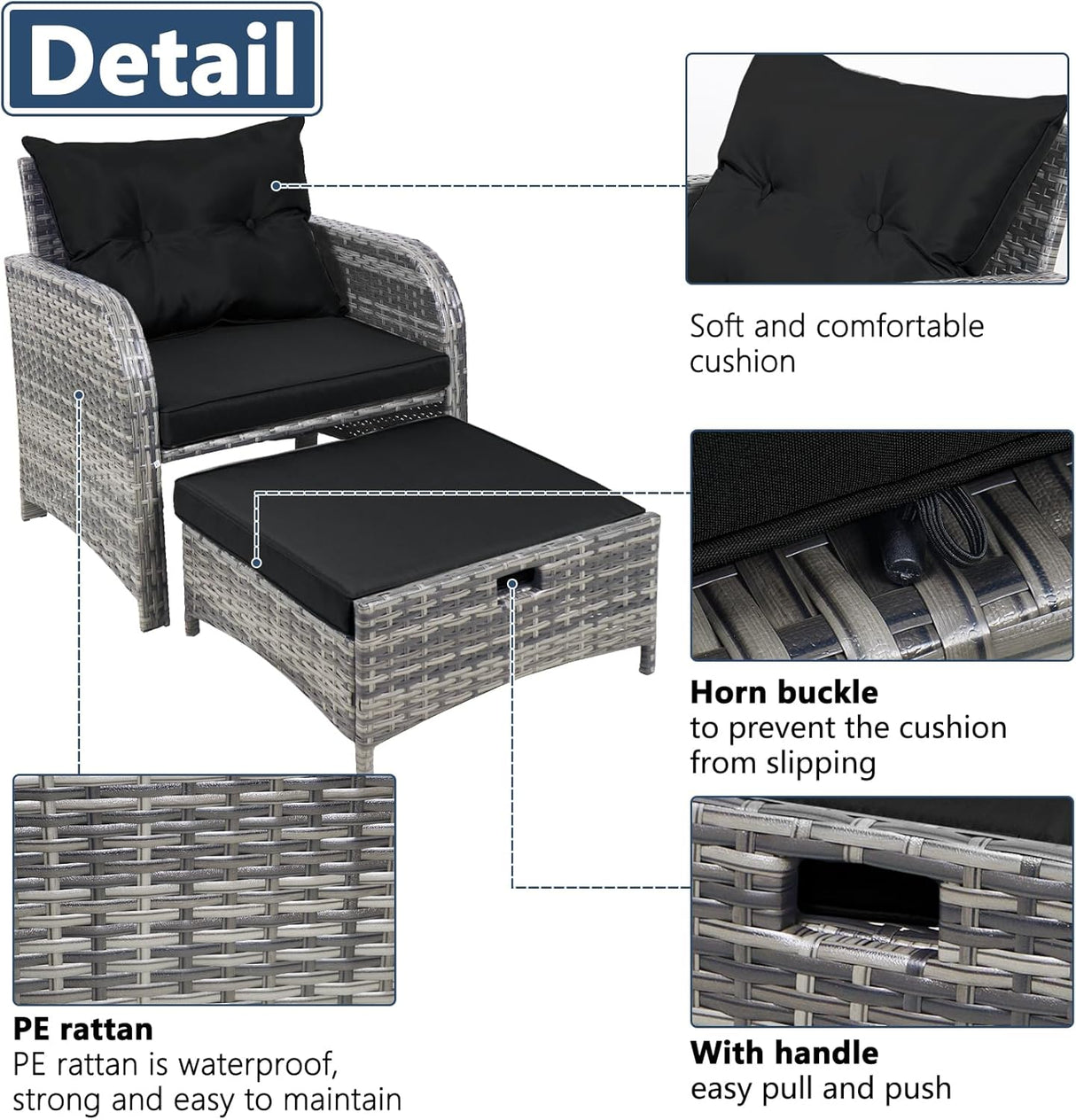 FYRICKYLINOO Juego de 5 sillas de mimbre para patio al aire libre con otomana, juego de muebles de conversación de patio con otomana debajo de todo tipo de clima, ratán de polietileno para todo tipo