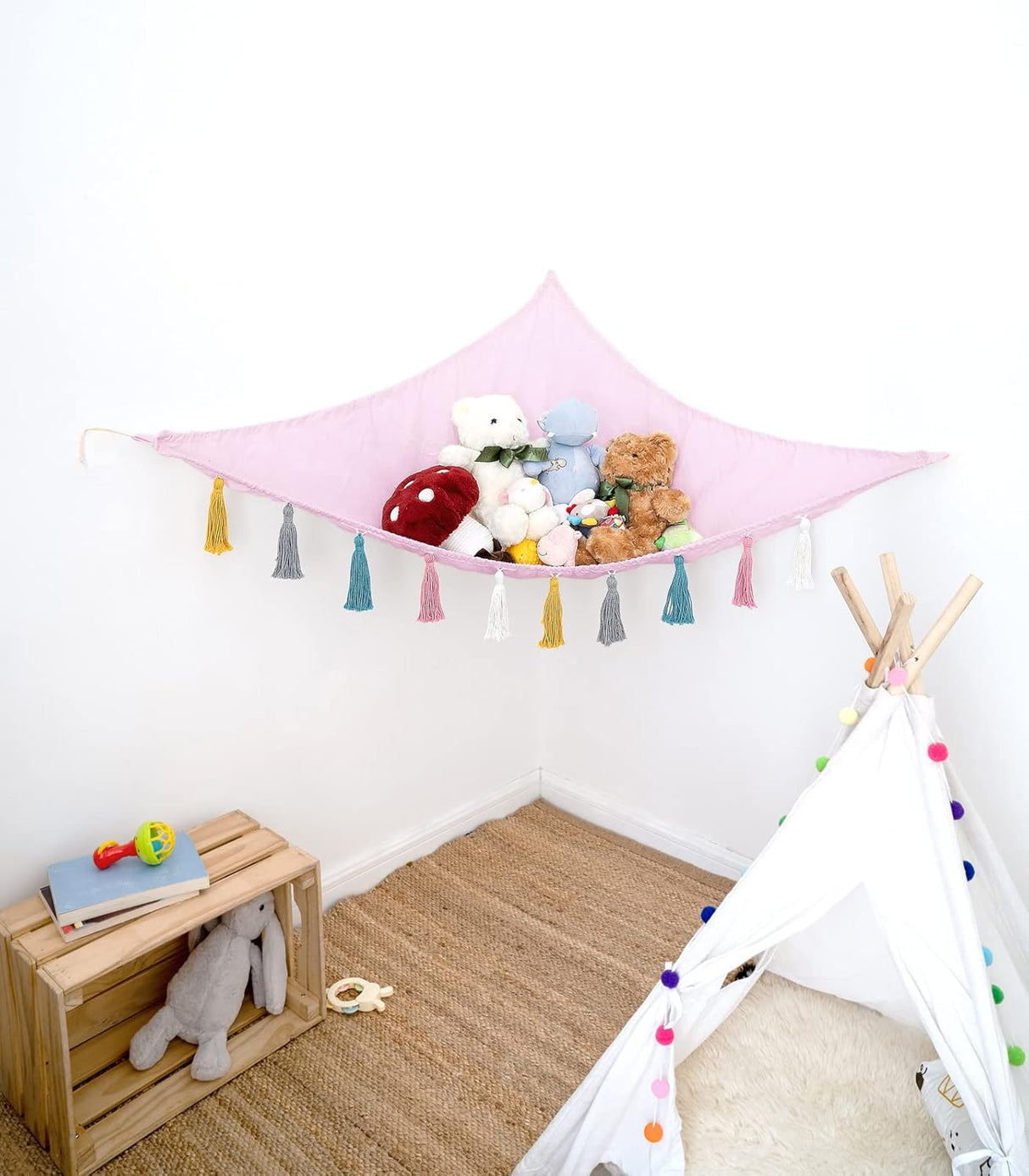 Hamaca para peluches Mkono, organizador de macramé grande