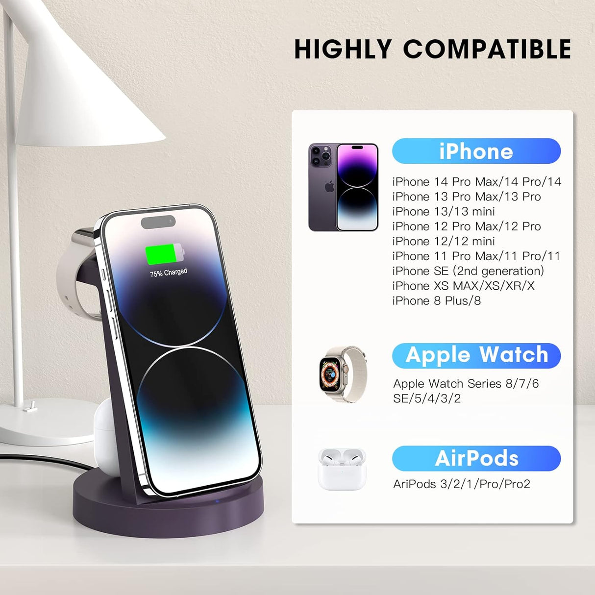 Cargador o Estación de carga 3 en 1 para celular violeta