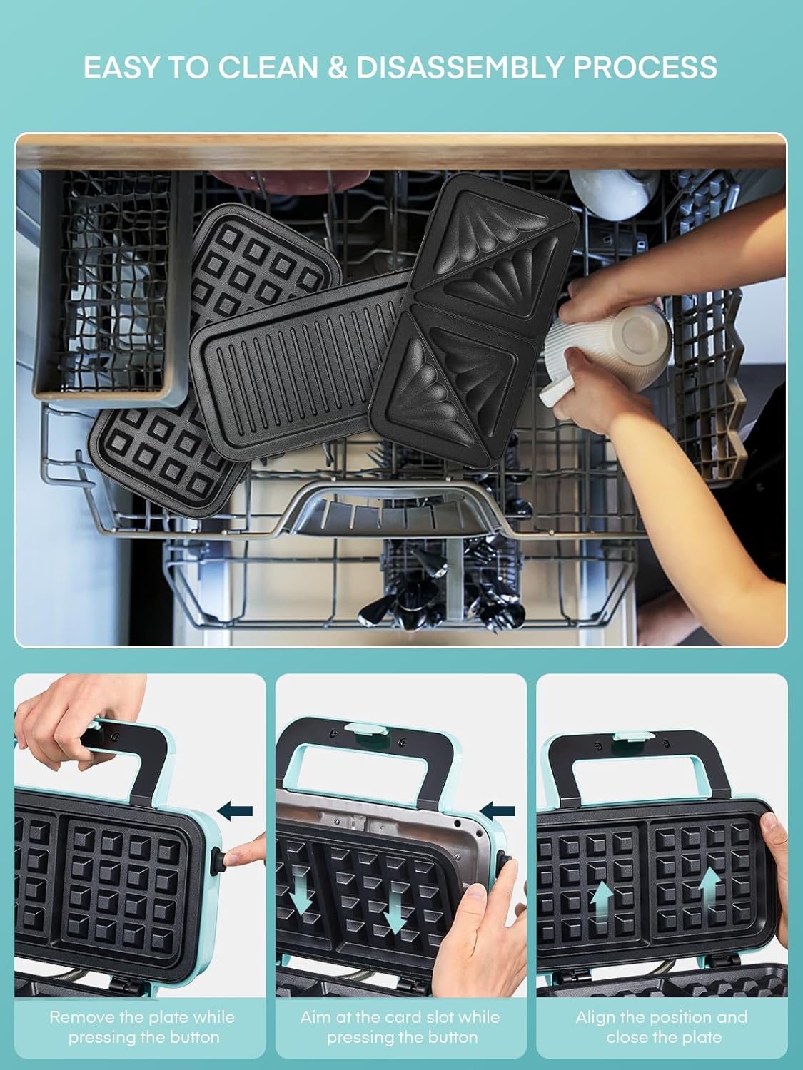 Waffle Maker 3 en 1 FOHERE, 1200W, Placas Desmontables, Control 5 Niveles