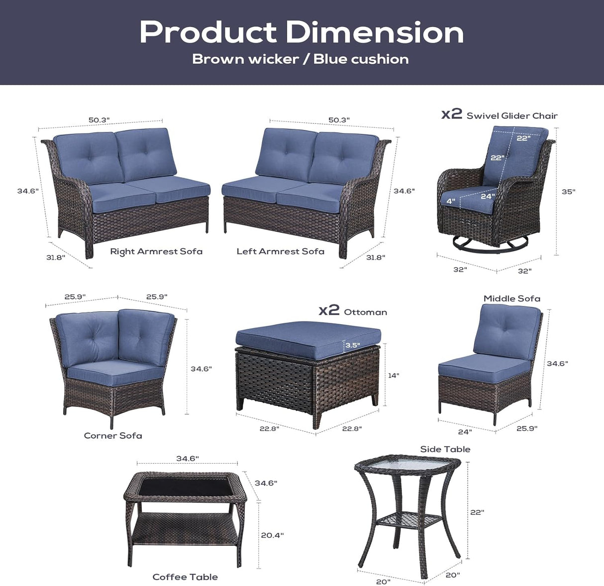 Belord Sofá seccional de muebles de exterior, sofá en forma de L, juego de mimbre para patio con 2 sillas deslizantes giratorias, juegos de conversación de ratán de 10 piezas con cojín azul para terraza, patio trasero, terraza y terraza