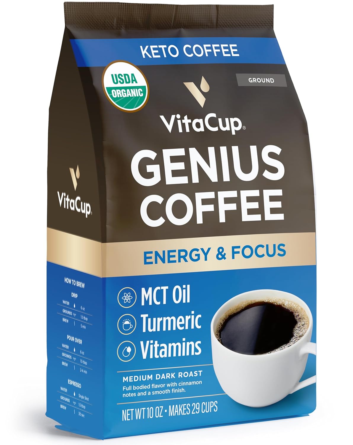 Vitacup Genius - Café molido con aceite MCT KETO, cúrcuma, canela y vitamina para energía, enfoque y dieta Keto, para cafeteras de filtro y prensa francesa