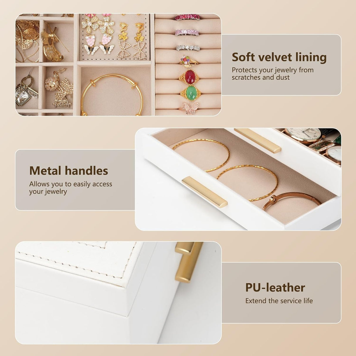 Caja de joyas 3 capas, organizador con tapa de vidrio, modelo X.