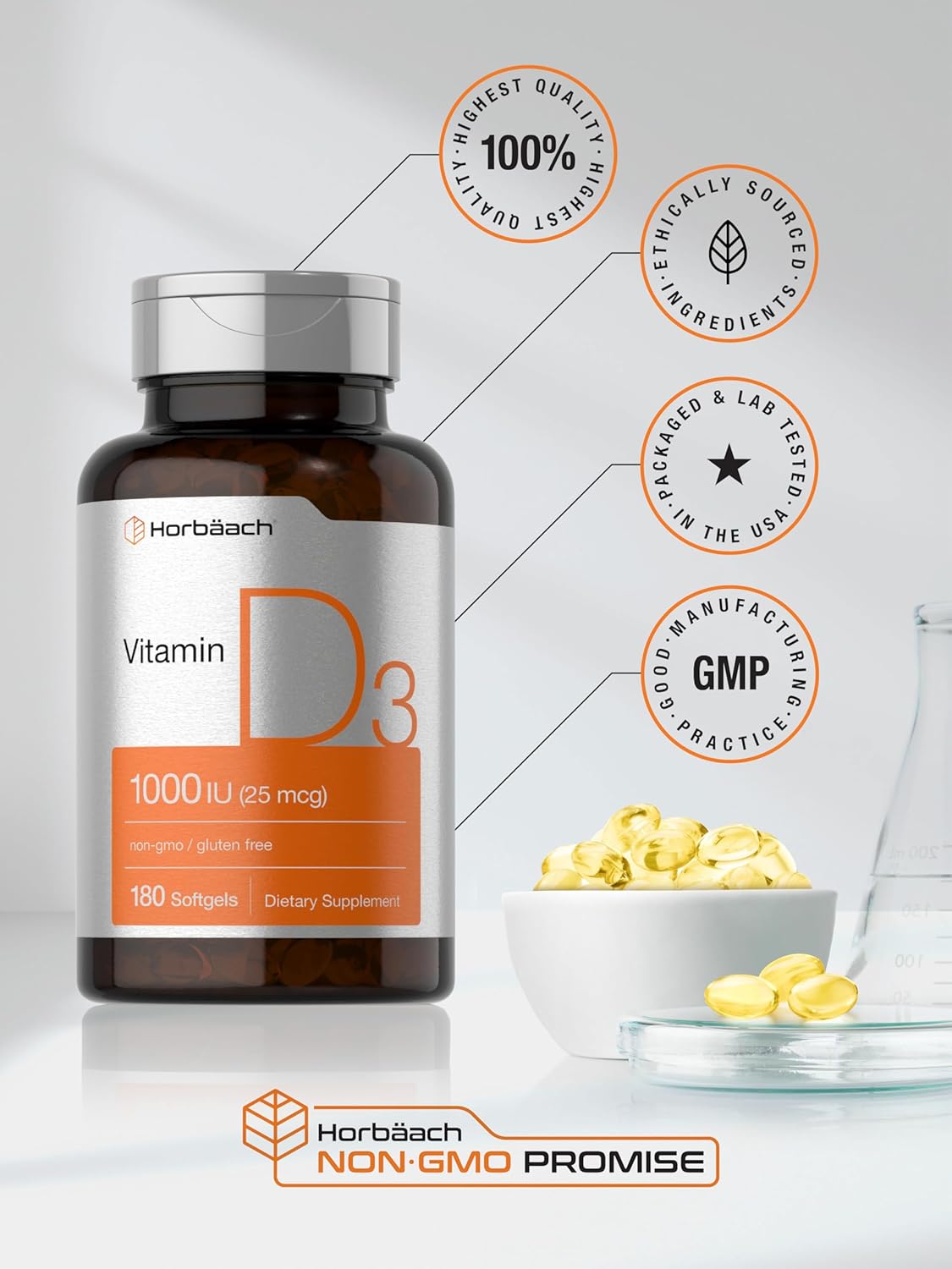 Horbäach Vitamina D3 1000IU Cápsulas 180 Non-GMO Gluten Free