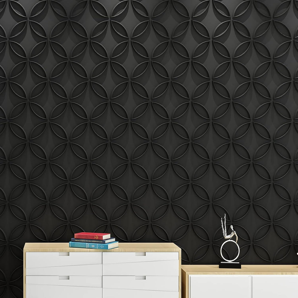 Panel de pared 3D de PVC con círculos entrelazados en negro